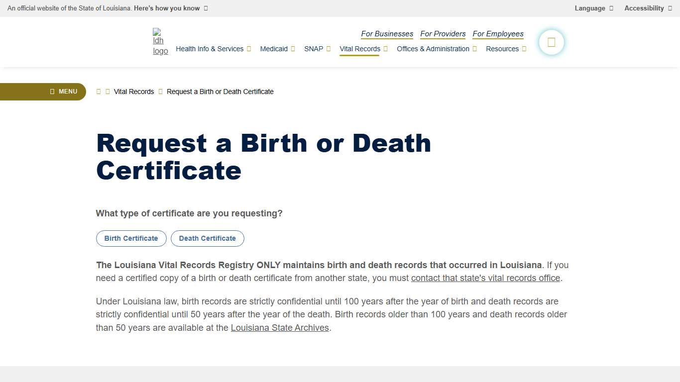 Request a Birth or Death Certificate | Louisiana Department of Health